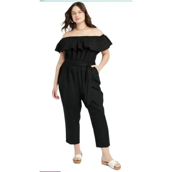 NWOT! Ava & Viv Black Linen Blend Off-Shoulder Cropped Jumpsuit. Plus Size X - Picture 2 of 9
